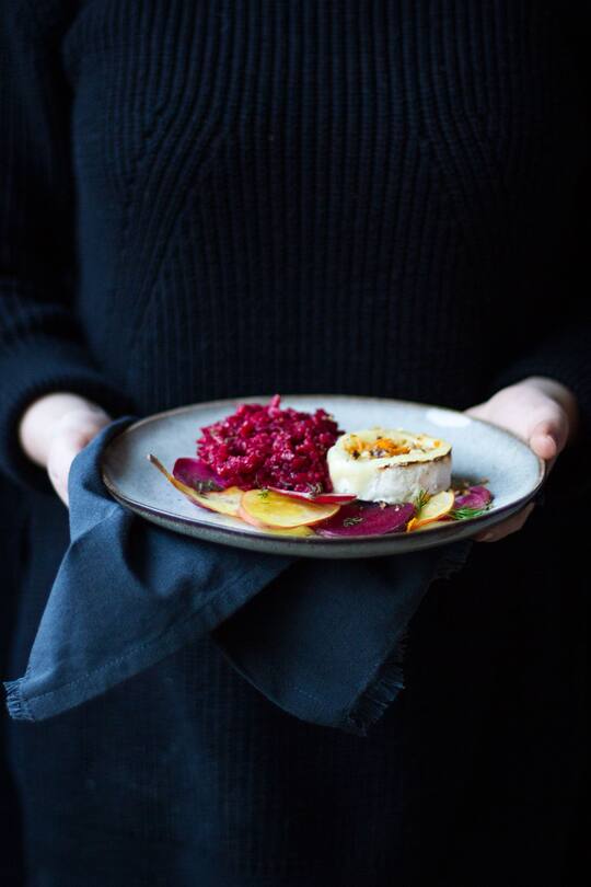 Randen Risotto mit Chèvre Chaud und Randen Carpaccio