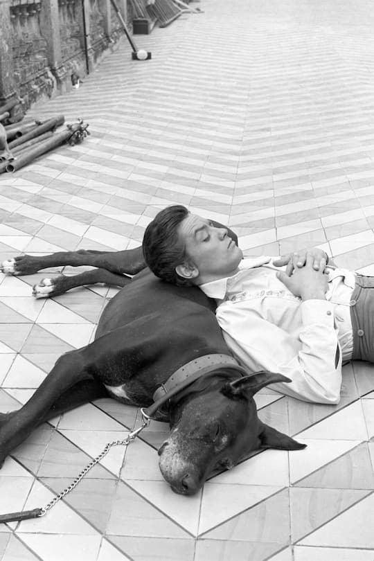 French actor Alain Delon pausing on the set of The Leopard, directed by Italian director Luchino Visconti. Lying on the floor, resting his head on a dog's back. 1963 (Photo by Giovan Battista Poletto/Reporters Associati & Archivi/Mondadori Portfolio via Getty Images)