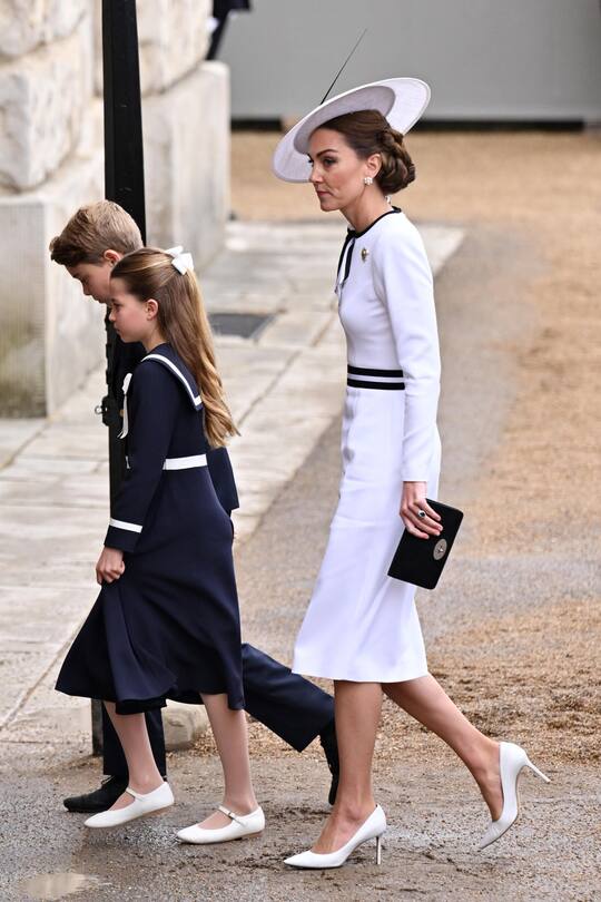 Mandatory Credit: Photo by James Veysey/Shutterstock (14539525co) Catherine Princess of Wales, Prince George and Princess Charlotte Trooping The Colour, London, UK - 15 Jun 2024