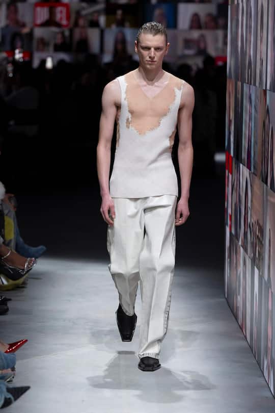 MILAN, ITALY - FEBRUARY 21: A model walks the runway during the Diesel Ready to Wear Fall/Winter 2024-2025 fashion show as part of the Milan Fashion Week on February 21, 2024 in Milan, Italy. (Photo by Victor VIRGILE/Gamma-Rapho via Getty Images)