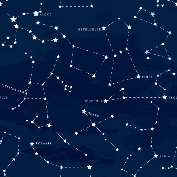 Simple, modern seamless astronomy patterned background with major star captions against a night sky and galaxy.