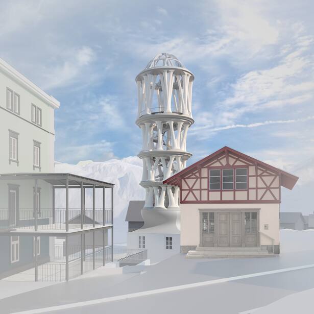 rendering des Tor Alva Der Weisse Turm von Mulegns