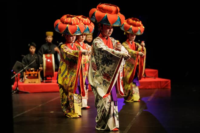 Japanese dancers perform Ryukyu Buyo, a traditional Okinawan dance blending graceful movements with vibrant music rooted in the heritage of the Ryukyu Islands, during a cultural exchange programme by the Japan Foundation at the Taman Ismail Marzuki (TIM) theatre in Jakarta on July 25, 2025. (Photo by YASUYOSHI CHIBA / AFP) (Photo by YASUYOSHI CHIBA/AFP via Getty Images)