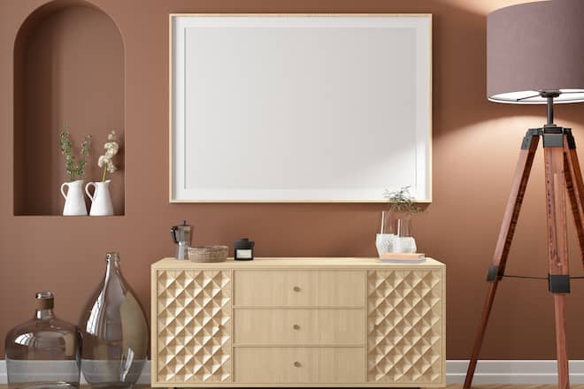 Interior of Living Room with Console and Empty Frame. 3D Render