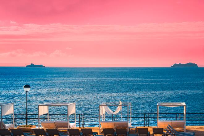 Spain, Mallorca Island, Calvia, Ses IlletesA view of the sunrise in Ses Illetes that it is a holidays area near the capital Palma, if you like combining a city break with a beach holiday, this could be just the place.It is located in the municipality of Calvia.