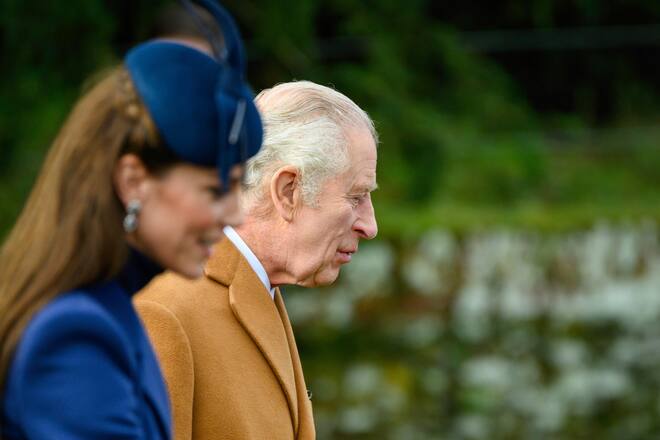 2W9HGFX The Princess of Wales and the King leave St Mary Magdalene Church, Sandringham Monday, Dec. 25, 2023