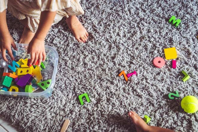 Cut off messy toys and small child