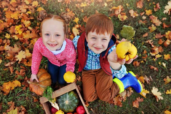 Top view of red haired children with autumn harvest
