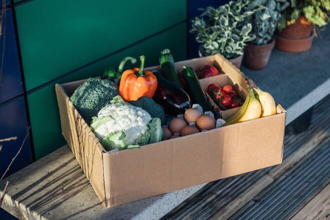 A delivery box filled with fresh organic vegetables and fruits on the front yard.