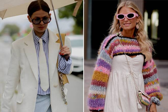 Bei den Fashion Shows zu den Spring-/Sommer-Collections 2024 zeigten sich einige Besucherinnen bereits in stylischen Pastellstreifen-Outfits.