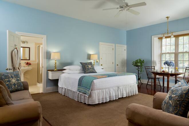 Blue bedroom at Bed and Breakfast with en suite bath and breakfast tray, Brampton Inn, Chestertown, Maryland, USA