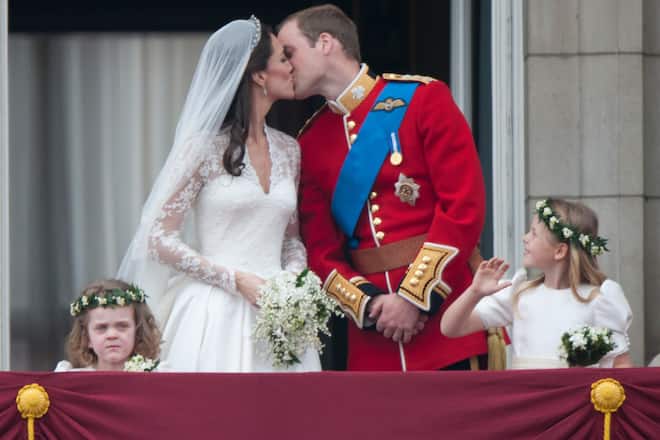 LONDON, UNITED KINGDOM - JANUARY 13: TRH Catherine, Duchess of Cambridge and Prince William, Duke of Cambridge on the balcony at Buckingham Palace with Bridesmaids Margarita Armstrong-Jones (Right) And Grace Van Cutsem (Left), following their wedding at Westminster Abbey on April 29, 2011 in London, England. (Photo by Mark Cuthbert/UK Press via Getty Images)