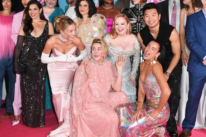 LONDON, ENGLAND - JULY 12: (L to R) America Ferrera, Margot Robbie, Ana Cruz Kayne, Greta Gerwig, Nicola Coughlan, Dua Lipa and Simu Liu attend the European Premiere of "Barbie" at Cineworld Leicester Square on July 12, 2023 in London, England. (Photo by Jed Cullen/Dave Benett/WireImage)