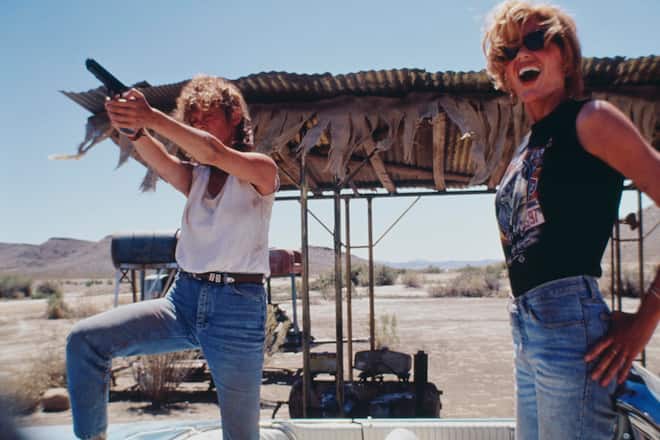 Actresses Susan Sarandon (left) and Geena Davis star in the film 'Thelma And Louise', 1991. (Photo by Fotos International/Getty Images)