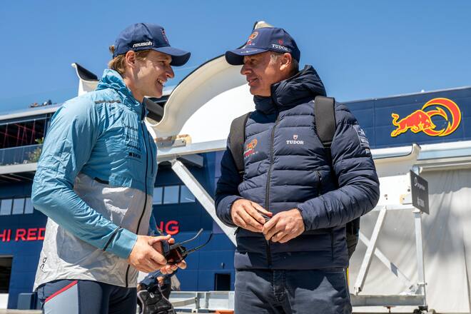 Marco Odermatt prepares to sail on AC75 Boat One of Alinghi Red Bull Racing in Barcelona, Spain, on April 24, 2024 // Olaf Pignataro / Alinghi Red Bull Racing / Red Bull Content Pool // SI202404260960 // Usage for editorial use only // Alinghi Red Bull Racing welcomes Swiss ski star Marco Odermatt on board BoatOne as first guest