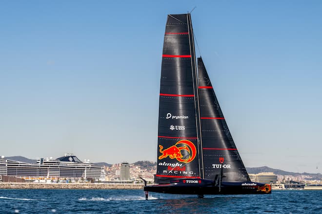 AC75 Boat One of Alinghi Red Bull Racing performs in Barcelona, Spain, on April 24, 2024 // Olaf Pignataro / Alinghi Red Bull Racing / Red Bull Content Pool // SI202404260965 // Usage for editorial use only // Alinghi Red Bull Racing welcomes Swiss ski star Marco Odermatt on board BoatOne as first guest