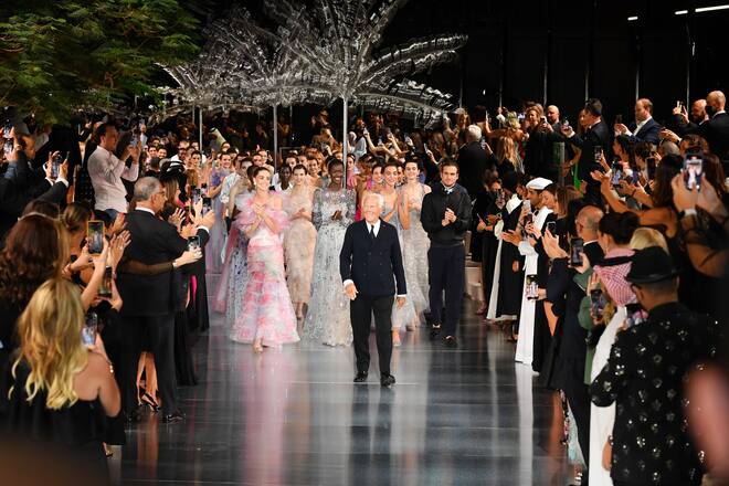 DUBAI, UNITED ARAB EMIRATES - OCTOBER 26: Italian fashion designer Giorgio Armani walks the runway during the Giorgio Armani "One Night Only Dubai" fashion show at the Armani Hotel Dubai on October 26, 2021 in Dubai, United Arab Emirates. (Photo by Cedric Ribeiro/Getty Images)