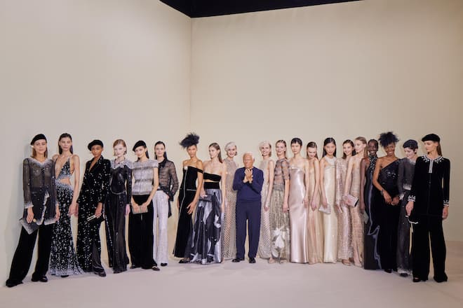 PARIS, FRANCE - JUNE 25: (EDITORIAL USE ONLY - For Non-Editorial use please seek approval from Fashion House) Giorgio Armani and models pose during the Giorgio Armani Privé Haute Couture Fall/Winter 2024-2025 show as part of Paris Fashion Week on June 25, 2024 in Paris, France. (Photo by Peter White/Getty Images)