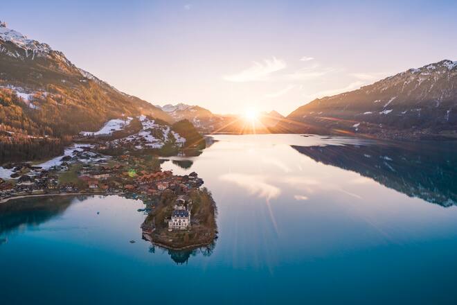 Aerial view of Iseltwald and Lake Brienz at sunset, Bernese Oberland, Switzerland