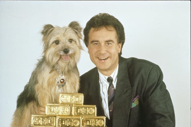Kurt Felix mit Hund Sheriff und Goldbarren, Supertreffer 1988
