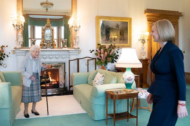 ABERDEEN, SCOTLAND - SEPTEMBER 06: Queen Elizabeth greets newly elected leader of the Conservative party Liz Truss as she arrives at Balmoral Castle for an audience where she will be invited to become Prime Minister and form a new government on September 6, 2022 in Aberdeen, Scotland. The Queen broke with the tradition of meeting the new prime minister and Buckingham Palace, after needing to remain at Balmoral Castle due to mobility issues. (Photo by Jane Barlow - WPA Pool/Getty Images)