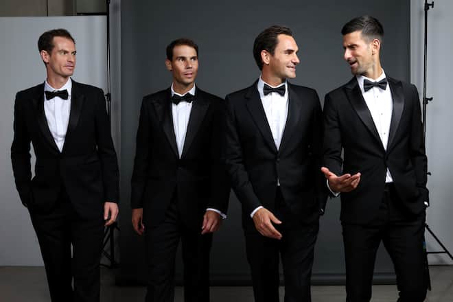 LONDON, ENGLAND - SEPTEMBER 22: (L-R) Andy Murray, Rafael Nadal, Roger Federer and Novak Djokovic of Team Europe pose for a photograph during a Gala Dinner at Somerset House ahead of the Laver Cup at The O2 Arena on September 22, 2022 in London, England. (Photo by Clive Brunskill/Getty Images for Laver Cup)