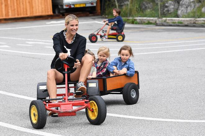 Michelle Hunziker and Tomaso Trussardi are seen with their daughters Celeste and Sole Trussardi on august 24, 2018 in San Cassiano, Italy. Photo BEESCOOP.COM