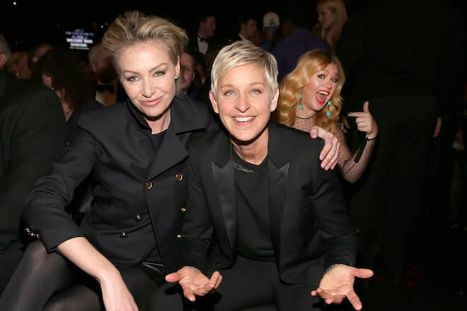 LOS ANGELES, CA - FEBRUARY 10: Actress Portia de Rossi (L) and comedienne Ellen DeGeneres attend the 55th Annual GRAMMY Awards at STAPLES Center on February 10, 2013 in Los Angeles, California. (Photo by Christopher Polk/Getty Images for NARAS)