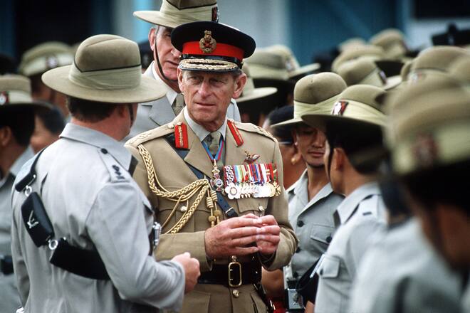 HONG KONG - OCTOBER 23: Prince Philip Inspects Gurkha's In Hong Kong. (Photo by Tim Graham Photo Library via Getty Images)