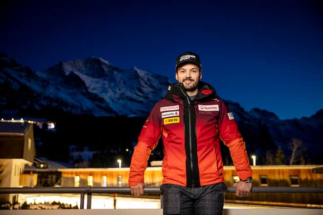 Loic Meillard in Wengen. Lauberhornrennen 2024. Abfahrt am Samstag 13.01.24 ©David Birri