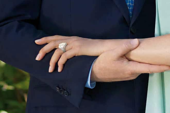 MONACO - JUNE 23: Prince Albert II and Charlene Wittstock engaged - official portrait In Monte Carlo, monaco On June 23, 2010-Prince Albert II and Charlene Wittstock engaged - engagement ring. (Photo by Pool Interagences/Gamma-Rapho via Getty Images)