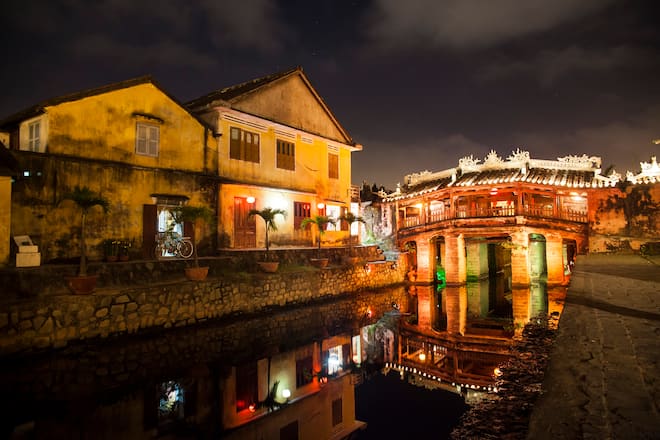 HOI AN, VIETNAM - MARCH 03: Views of the Japanese Bridge at night on March 3, 2012 in Hoi An, Vietnam. (Photo by Rob Ball/Getty Images)