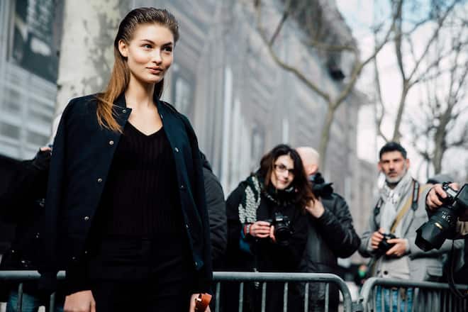 Model Grace Elizabeth in slicked back hair by Guido Palau after the Miu Miu show at Palais d'IÂÂna on Day 9 of PFW FW16 on March 09, 2016 in Paris, France.