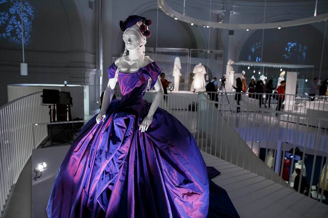 LONDON, UNITED KINGDOM - APRIL 30: A wedding dress worn by Dita Von Teese at her wedding with Marilyn Manson in 2005, designed by Vivienne Westwood is seen during a press preview for an exhibition entitled 'Wedding Dresses 1775-2014,' at the Victoria & Albert Museum in London, on April 30, 2014. The exhibition, which opens to the public on May 3, 2014, highlights the history and development of the wedding dress. (Photo by Tolga Akmen/Anadolu Agency/Getty Images)