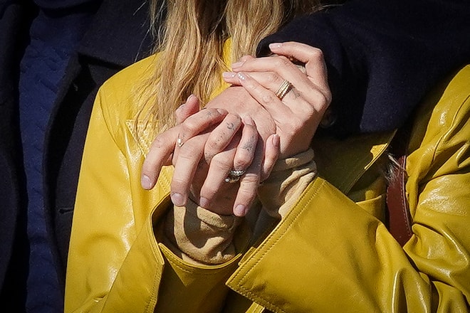 PARIS, FRANCE - FEBRUARY 28: Singer Justin Bieber and wife Hailey Baldwin Bieber, ring detail, are seen strolling on the Pont Alexandre III on February 28, 2021 in Paris, France. (Photo by Marc Piasecki/GC Images)