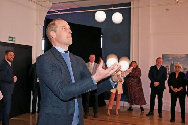 GALWAY, IRELAND - MARCH 05: Prince William, Duke of Cambridge tries juggling as he attends a Galway 2020 European Capital of Culture showcase on March 05, 2020 in Galway, Ireland. (Photo by Julien Behal/Pool/Samir Hussein/WireImage)