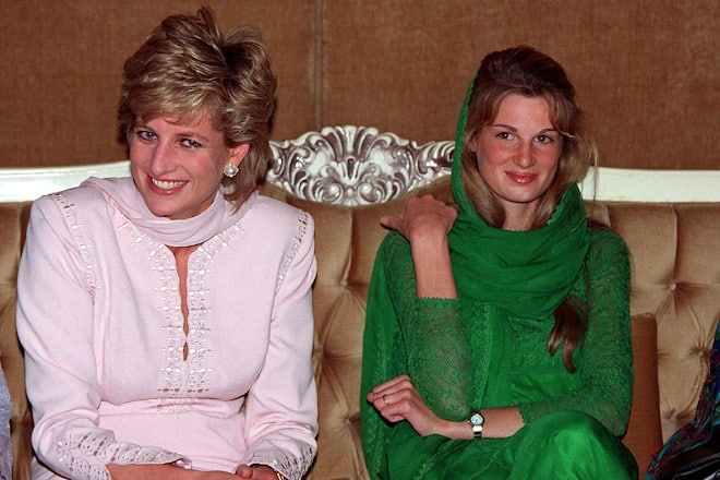 The Princess of Wales is given a warm welcome by Jemima Khan on her arrival to Lahore, Pakistan in April 1996. (Photo by Anwar Hussein/WireImage)