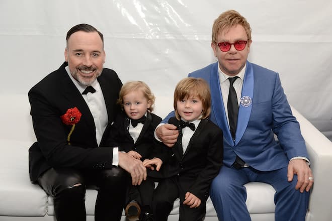LOS ANGELES, CA - FEBRUARY 22: (L-R) David Furnish, Elijah Furnish-John, Zachary Furnish-John, and Sir Elton John attend the 23rd Annual Elton John AIDS Foundation Academy Awards Viewing Party on February 22, 2015 in Los Angeles, California. (Photo by Michael Kovac/Getty Images for EJAF)