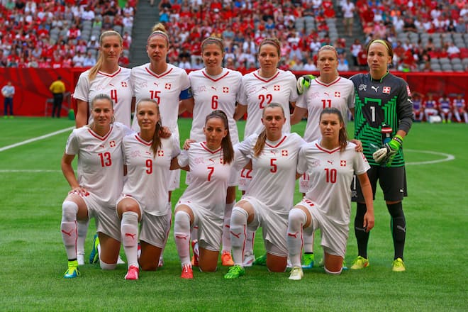VANCOUVER, BC - JUNE 21: The Switzerland starting eleven players pose for their team photo before the FIFA Women's World Cup Canada 2015 Round 16 match between Switzerland and Canada June 21, 2015 at BC Place Stadium in Vancouver, British Columbia, Canada. (Photo by Jeff Vinnick/Getty Images)