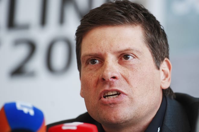 BIELEFELD, GERMANY - FEBRUARY 08:  Jan Ullrich talks during the press conference of Alpecin at the Dr. Wolff institute on February 8, 2012 in Bielefeld, Germany. Former German professional cyclist Jan Ullrich will participate at the Alpecin Cycling Day organized by the The Dr. Wolff group in august in Bielefeld.  (Photo by Thomas Starke/Bongarts/Getty Images)
