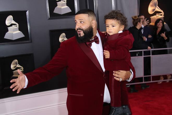 NEW YORK, NY - JANUARY 28: DJ Khaled and his son Asahd Tuck Khaled arrives at the 60th Annual GRAMMY Awards at Madison Square Garden on January 28, 2018 in New York City. (Photo by Dan MacMedan/WireImage)