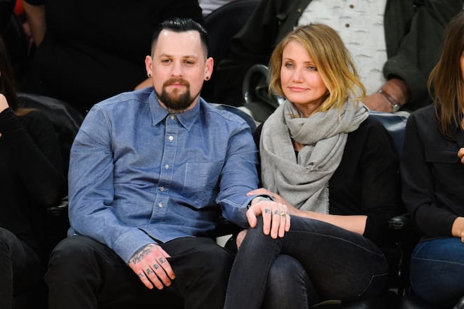 LOS ANGELES, CA - JANUARY 27: Benji Madden (L) and Cameron Diaz attend a basketball game between the Washington Wizards and the Los Angeles Lakers at Staples Center on January 27, 2015 in Los Angeles, California. (Photo by Noel Vasquez/GC Images)