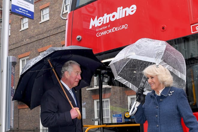 LONDON, ENGLAND - MARCH 04: Prince Charles, Prince of Wales and Camilla, Duchess of Cornwall prepare to board a new electric double decker bus at Clarence House, to the London Transport Museum to take part in celebrations to mark 20 years of Transport for London, on March 04, 2020 in London, England. (Photo by Stuart C. Wilson/Getty Images)