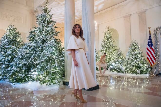 TOPSHOT - US First Lady Melania Trump stands in the Grand Foyer as she tours Christmas decorations at the White House in Washington, DC, November 27, 2017. (Photo by SAUL LOEB / AFP) (Photo by SAUL LOEB/AFP via Getty Images)