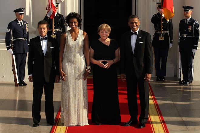 WASHINGTON - JUNE 07: U.S. President Barack Obama (R), first lady Michelle Obama (2nd L), German Chancellor Angela Merkel (3rd L) and her husband Joachim Sauer (L) pose for photographs on the North Portico before a state dinner at the White House June 7, 2011 in Washington, DC. This is the first official visit by a European leader to the White House since Obama became president. Merkel will be presented with the 2010 Medal of Freedom at a state dinner tonight. (Photo by Alex Wong/Getty Images)