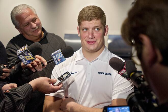Dec. 18, 2015 - University Park, PA, USA - Penn State defensive end Carl Nassib talks to the media about the upcoming TaxSlayer Bowl on Friday, Dec. 18, 2015, in University Park, Pa. The Nittany Lions play Georgia on January 2, 2016, in Jacksonville, Fla. Penn State football - ZUMAm67_