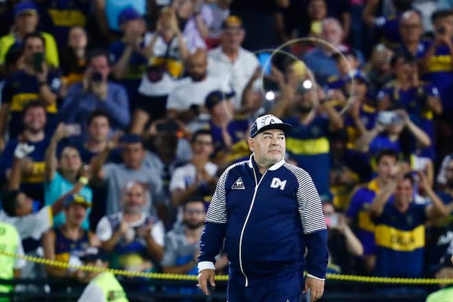BUENOS AIRES, ARGENTINA - MARCH 07: Diego Armando Maradona head coach of Gimnasia y Esgrima La Plata enters the field before a match between Boca Juniors and Gimnasia y Esgrima La Plata as part of Superliga 2019/20 at Alberto J. Armando Stadium on March 7, 2020 in Buenos Aires, Argentina. (Photo by Marcos Brindicci/Getty Images)