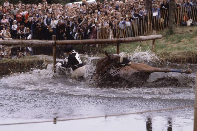 British Royalty, Burghley Horse Trials,, England, 1981, Princess Anne riding her horse 'Stevie B' falls at the water fence called the 'Trout Hatchery' (Photo by Bob Thomas/Popperfoto via Getty Images/Getty Images)