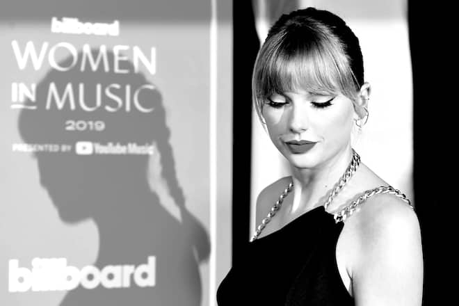 LOS ANGELES, CALIFORNIA - DECEMBER 12: (Editor's Note; Image converted to black and white.)Taylor Swift attends the 2019 Billboard Women In Music at Hollywood Palladium on December 12, 2019 in Los Angeles, California. (Photo by Frazer Harrison/Getty Images)