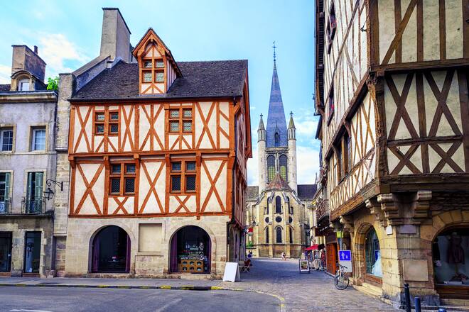 Tower of the Notre-Dame of Dijon church in the old town of Dijon, Burgundy, France